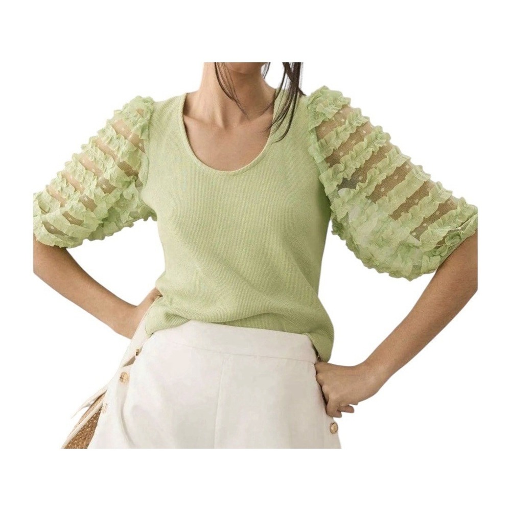 Dolan By  Anthropology Top Womens XS‎ Green Ribbed Ruffled Stretch Cocktail